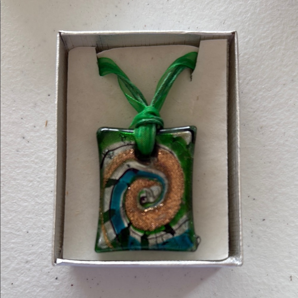 Green and Gold Swirl Murano Glass Pendant Necklace